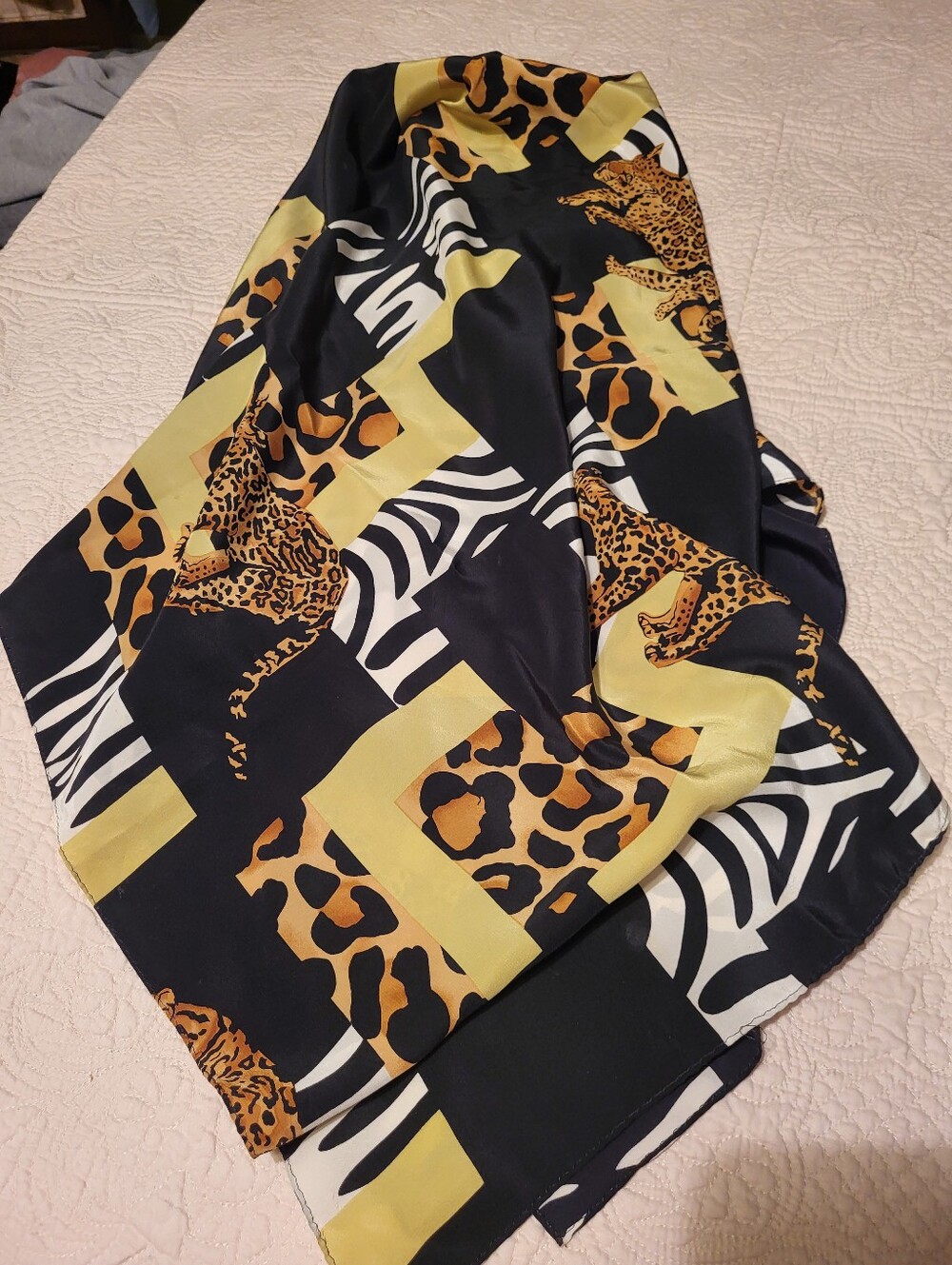 Black & Yellow Leopard Patterned Silk Scarf 42x45" - Picture 4 of 4